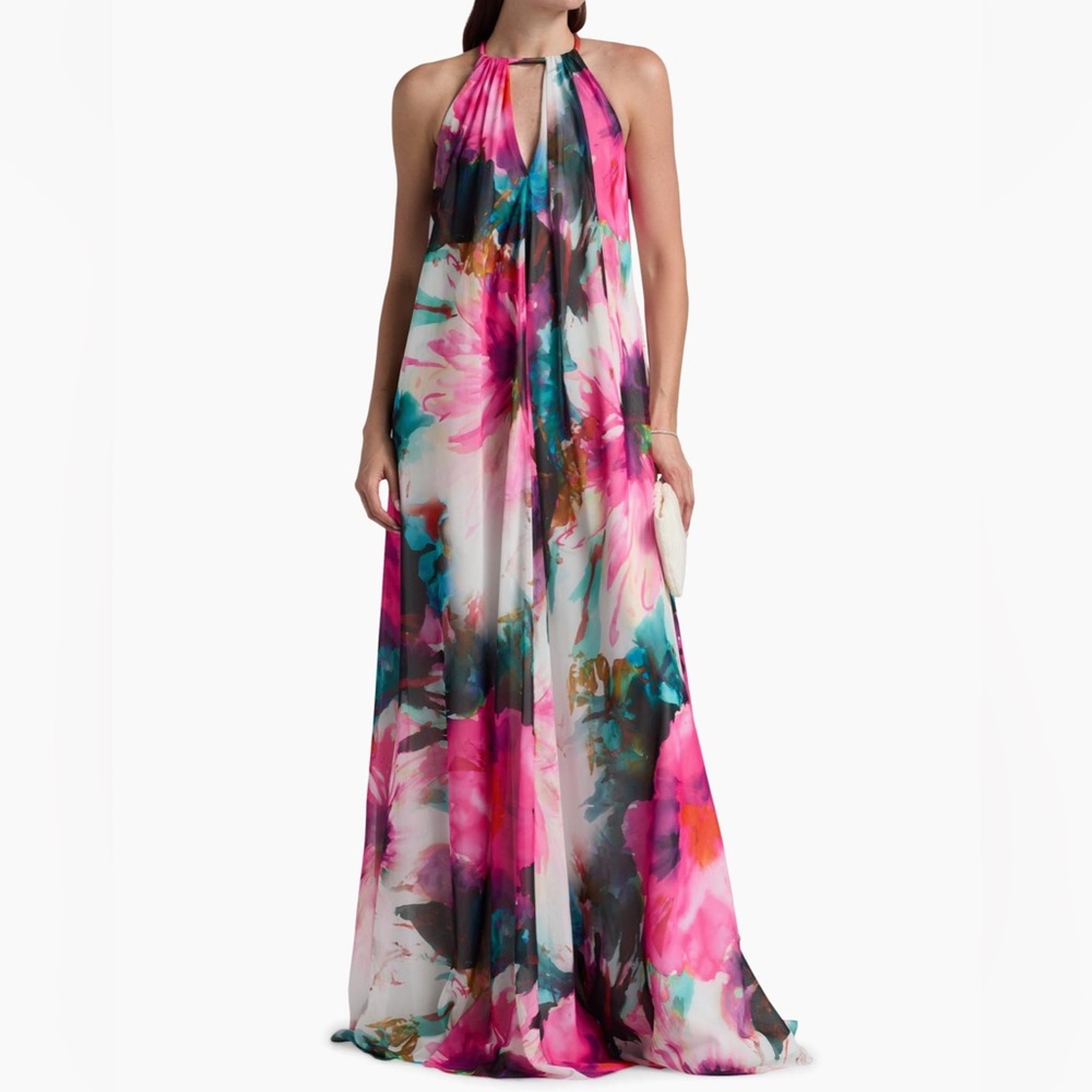 Badgley Mischka Floral Georgette Halter Trapeze Gown NWT